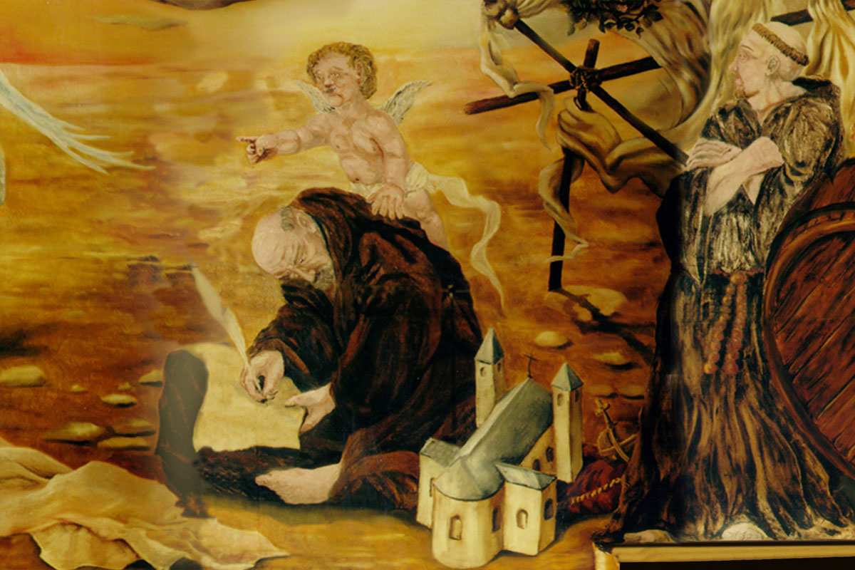 DECKENGEMÄLDE IM CAFÉ MADONNA – MÖNCH (Ausschnitt) | Ölfarbe | ca. 4 x 8 m | 1995/96 | © Volker Pankrath DECKENGEMÄLDE IM CAFÉ MADONNA – MÖNCH (Ausschnitt) | Ölfarbe | ca. 4 x 8 m | 1995/96