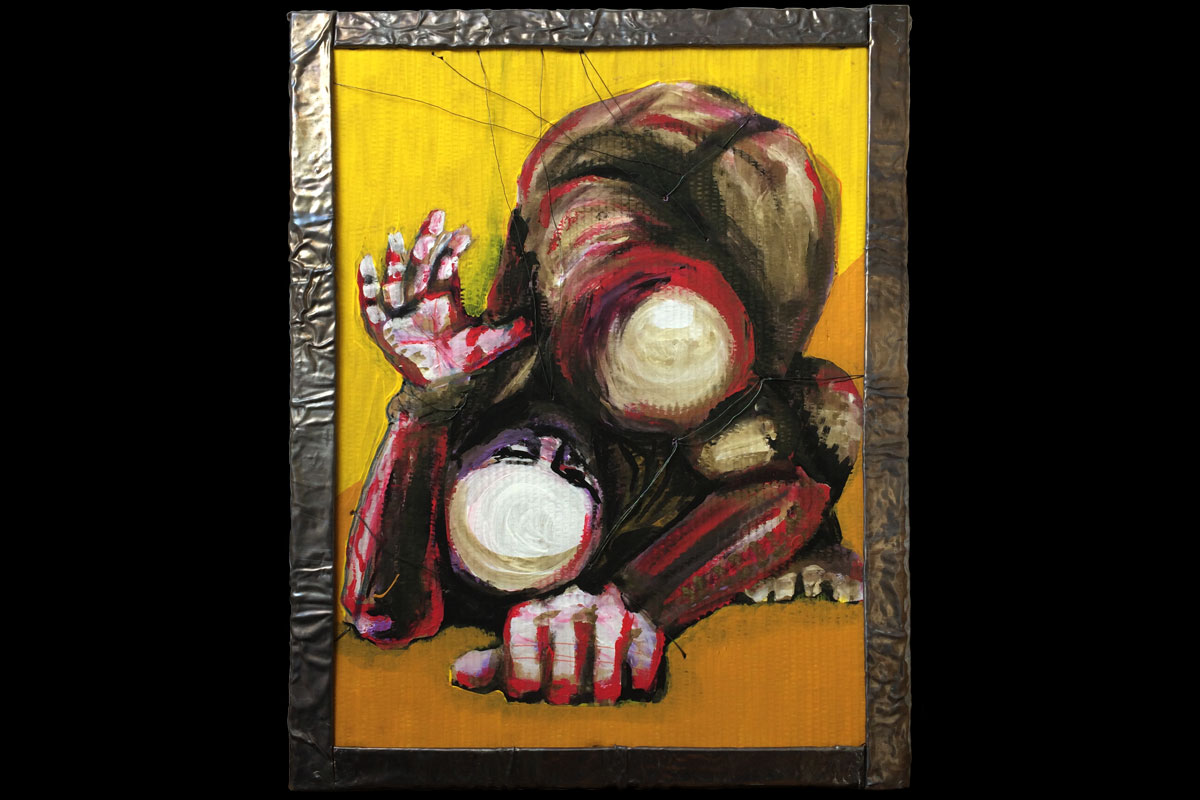 AM BODEN | Acrylfarbe, Permanentmarker, Draht auf Karton; Blei auf Holzrahmen | 83 x 65 cm | 2017 | © Volker Pankrath AM BODEN | Acrylfarbe, Permanentmarker, Draht auf Karton; Blei auf Holzrahmen | 83 x 65 cm | 2017